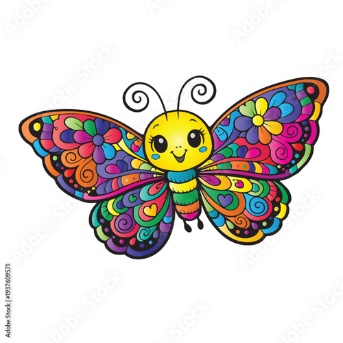 Cute cartoon vector of a colorful butterfly with bright wings and a cheerful expression, designed in a playful and friendly illustration style.