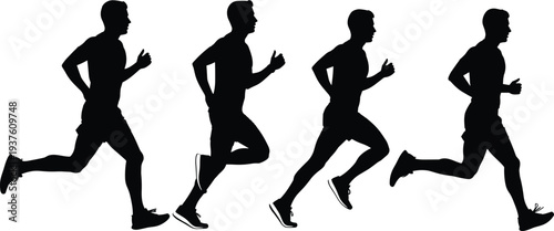Running man silhouettes sequence showing jogging sprinting motion athletic fitness exercise isolated black vector illustration set for sport design