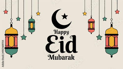 Eid mubarak greeting card with colorful lanterns and stars on beige background for festive muslim holiday