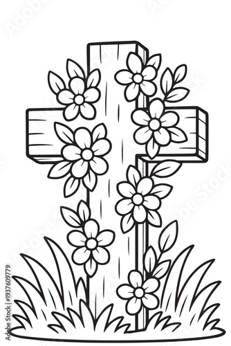 Simple vector illustration of a wooden cross decorated with flowers and leaves, creating a calm and elegant spiritual design.