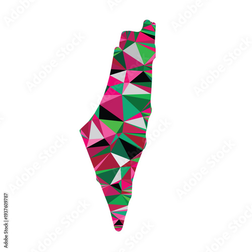 Colorful polygonal vector pattern forming the map of Palestine, built from vibrant geometric shapes in a modern abstract style.