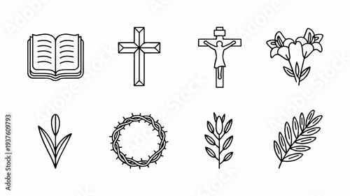 Easter and christian symbols including cross bible flowers and leaves on white background