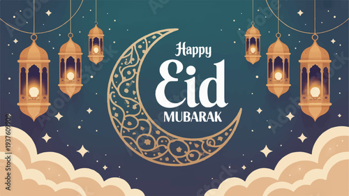 Eid mubarak greeting card with crescent moon lanterns and stars on a night sky background festive islamic holiday celebration