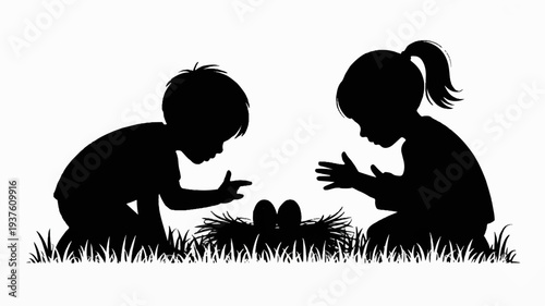 Two children crouch in grass watching baby birds in nest silhouette illustration