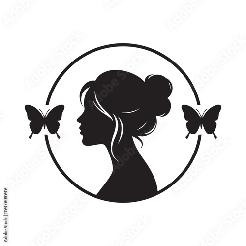 A striking silhouette of a woman s profile adorned with delicate butterflies within a circular frame