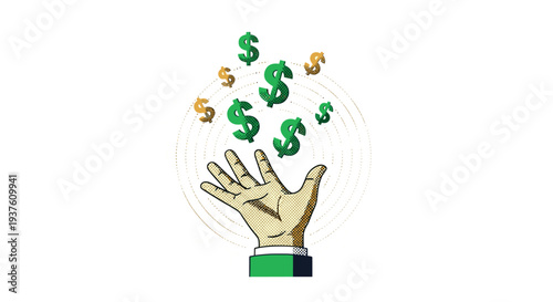  Hand catching flying dollar signs, financial success and money growth concept in flat vector style isolated on light background