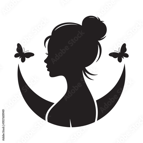 A striking silhouette of a woman s profile adorned with butterflies and a crescent moon