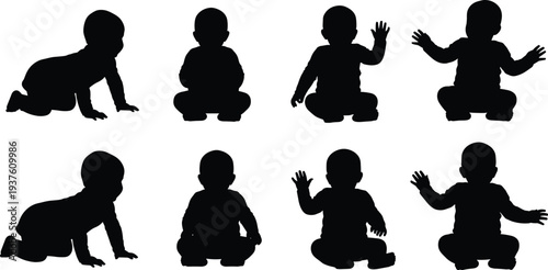 Baby silhouettes collection showing crawling and sitting infant poses cute childhood moments isolated black vector illustration set for family design
