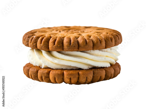 Delicious cream-filled cookie sandwich, isolated on a clean white background, highlighting its sweet layers and inviting texture, perfect for a snack or dessert