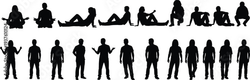 People silhouettes collection showing men and women sitting standing walking poses expressing body language isolated black vector illustration set