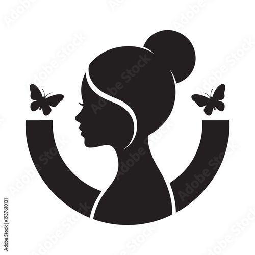 A stylized silhouette of a woman s face with an updo accompanied by two fluttering butterflies