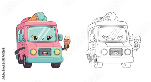 A colorful cartoon ice cream truck with a smiling face and a black and white version of the same truck
