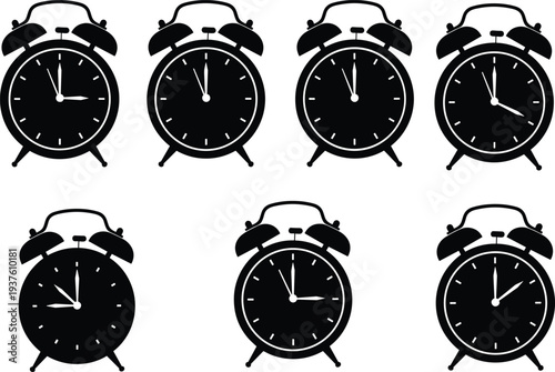 Black silhouette vector illustration set of six analog alarm clocks showing different times, vintage timepiece design concept on white background