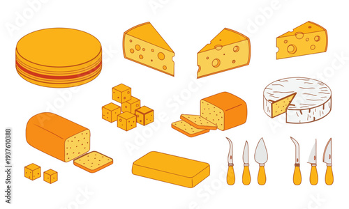 Cheese Dairy Food Vector Set – Cheese Wheels, Wedges, Cubes and Cheese Knife Collection