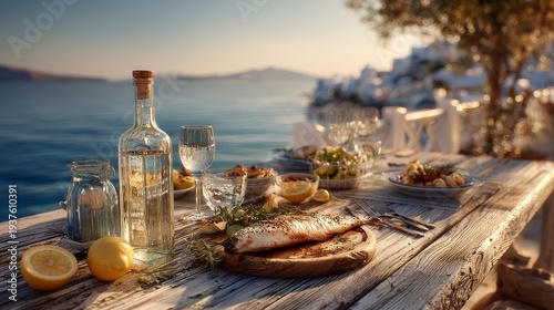 Mediterranean minimalist table with wine, glasses, grilled fish, fresh vegetables and lemons, serene sunset over sea and sky with warm natural light, elegant coastal dining