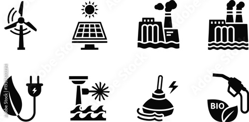 Renewable and Nonrenewable Energy Icons Set – Solar, Wind, Hydro, Biofuel, Power Plant, Eco Symbols
