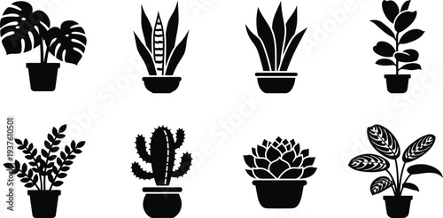 Black Silhouette Vector Icons of Indoor Potted Houseplants, Succulents, and Cacti Set