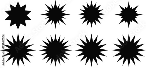 Starburst Shape Collection, Black Sunburst Explosion Icons Set Vector Illustration for Comic Pop Art Graphic Design Elements