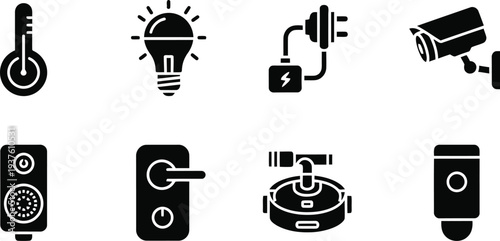 Smart Home Device Icon Set – Thermostat, Lightbulb, Security Camera, Door Lock, Robot Vacuum, Intercom