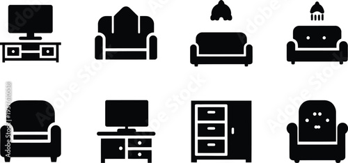 Black Silhouette Living Room Furniture Icons Set for Interior Design and Home Decor Projects