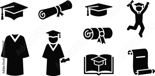 Graduation Icons Set – Cap, Diploma, Gown, Student Silhouette, Vector Black Illustrations