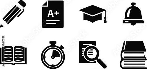 Education and School Icon Set – Pencil, Graduation Cap, Stopwatch, Book, Bell, Report Card, Magnifying Glass