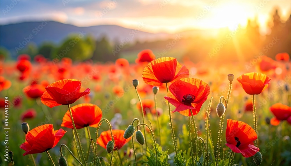 Fototapeta premium A vibrant red poppy field blossoms under a summer sunset sky, where the rural meadow landscape meets the horizon in a display of natural beauty