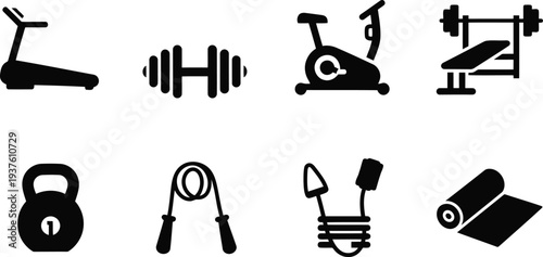 Black Fitness Equipment Icons Set for Gym, Workout, and Exercise Illustrations on White Background