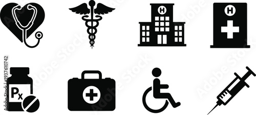 Medical and Healthcare Icon Set in Black Silhouette Style for Hospitals, Clinics, and Emergency Services