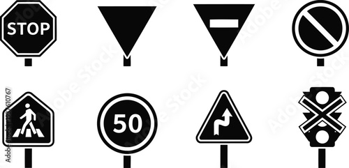 Black and White Vector Road Signs Set Isolated on White Background for Traffic Safety Design