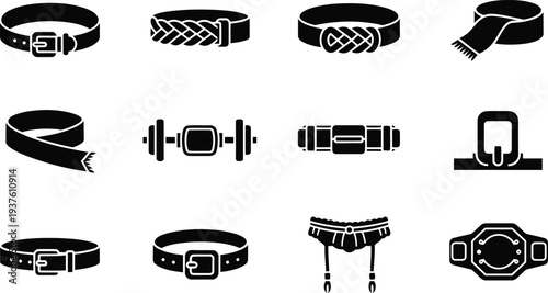 Obraz na plátně Set of Black Belt Icons Including Fashion, Fitness, and Sports Accessories in Ve