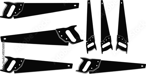 Black silhouette vector illustration of multiple hand saws with wide and narrow blades, woodworking and construction tool concept design background