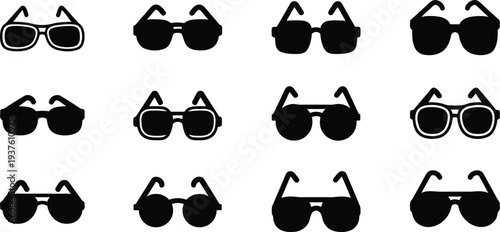 Set of black sunglasses icons isolated on white background for fashion and summer design projects