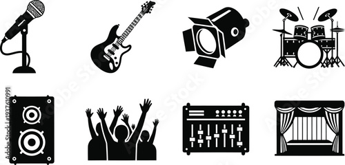 Music concert icons set with microphone guitar drum stage lighting and audience in black silhouette