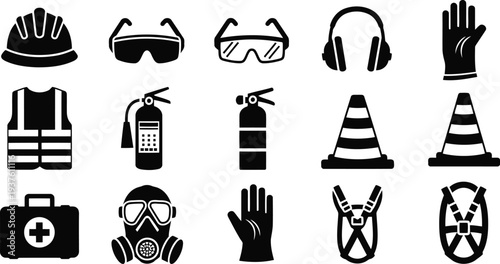 Safety Equipment Icon Set – Hard Hat, Gloves, Fire Extinguisher, Vest, Mask, Cone, First Aid, Vector Illustration
