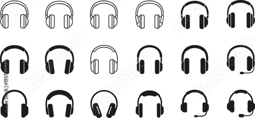 Audio headphones and headset outline icons set isolated on white background modern music communication device vector illustration collection