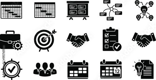 Business Management Icon Set – Project Planning, Teamwork, Calendar, Checklist, Target, Handshake, Vector Silhouettes
