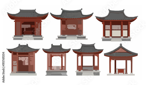 Asian Traditional Alcove Pavilion Buildings Flat Vector Set