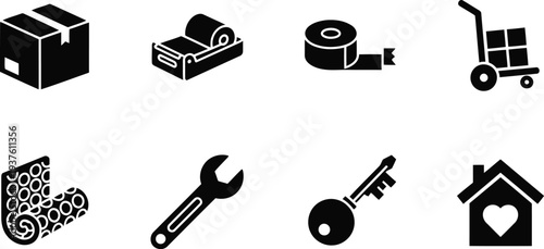 Moving and Packing Icon Set – Black Silhouette Symbols for Relocation, Tools, and Home Essentials