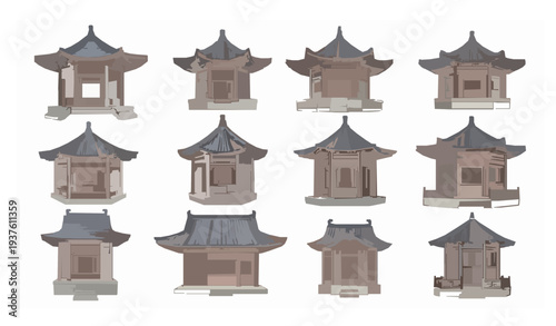 Hand Drawn Asian Traditional Pavilion and Shrine Architecture Vector Set
