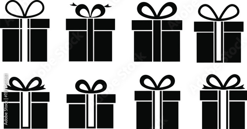 Gift Box Icon Set with Ribbon Bow, Black Present Silhouette Collection Vector Illustration for Holiday Birthday Celebration Design