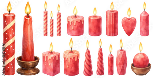 A charming watercolor collection of red Christmas candles with glowing flames for festive holiday illustrations and winter decor design.