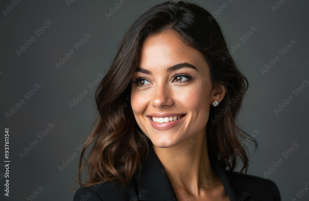 Fototapeta premium Attractive woman with dark wavy hair smiles gently. She wears a black blazer and stud earring. Pro portrait with soft studio lighting highlights her face. Background is plain grey.