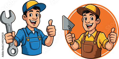 Cartoon mechanic and construction worker characters smiling with wrench and trowel tools, thumbs up gesture, skilled trades teamwork vector illustration background
