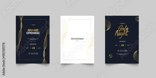 Grand Opening poster celebration with golden shape line ribbon drapery element decoration for luxury elegant vip royal poster with white background
