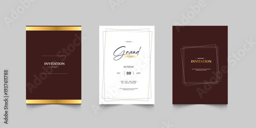 Grand Opening poster celebration with golden shape line ribbon drapery element decoration for luxury elegant vip royal poster with white background