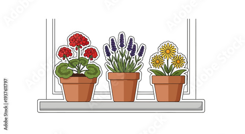 Three potted plants with red geraniums, lavender, and yellow daisies on a windowsill