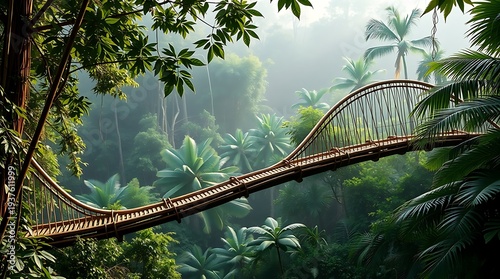 A serene suspension bridge spans through a lush tropical rainforest with dense foliage and misty atmosphere