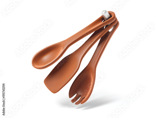 Wooden kitchen utensil with salad spoon, spatula wood tools for cooking isolated 3D vector icon render illustration