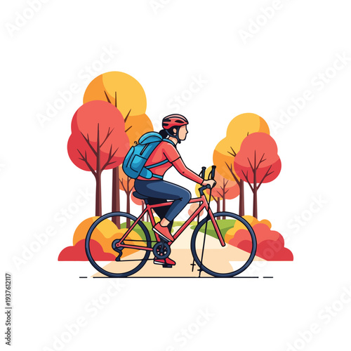 A cyclist wearing a helmet and backpack rides a bike through a scenic autumn landscape with vibrant orange and yellow trees.